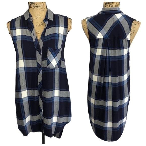 Rails Long Boho Plaid Tunic Top High Low Blue Size Small - Picture 3 of 13